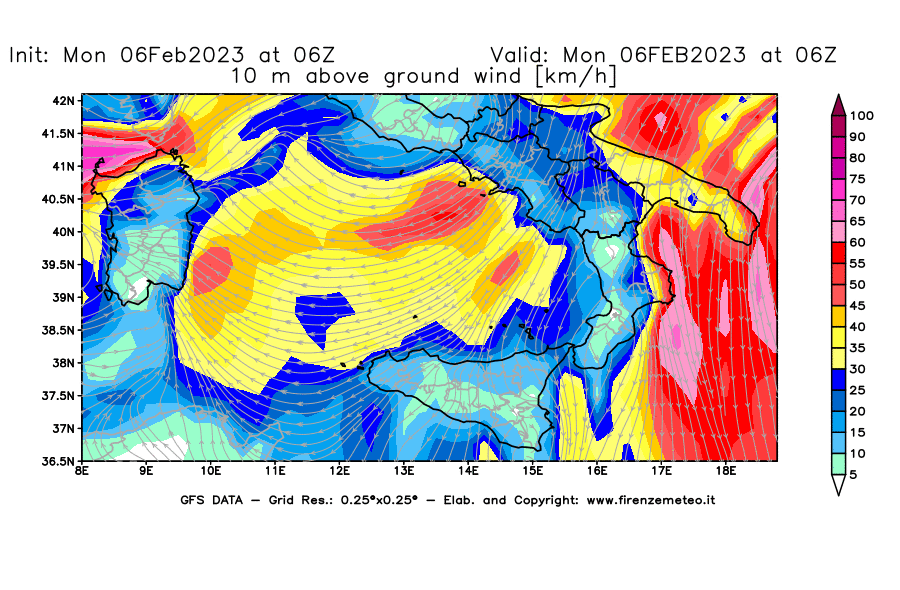Mappa di analisi GFS - Velocità del vento a 10 metri dal suolo [km/h] in Sud-Italia
							del 06/02/2023 06 <!--googleoff: index-->UTC<!--googleon: index-->