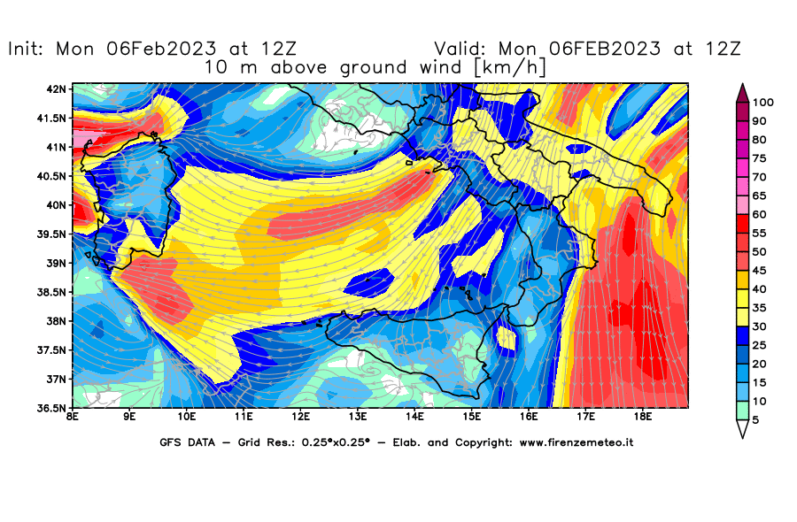Mappa di analisi GFS - Velocità del vento a 10 metri dal suolo [km/h] in Sud-Italia
							del 06/02/2023 12 <!--googleoff: index-->UTC<!--googleon: index-->