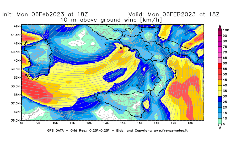 Mappa di analisi GFS - Velocità del vento a 10 metri dal suolo [km/h] in Sud-Italia
							del 06/02/2023 18 <!--googleoff: index-->UTC<!--googleon: index-->