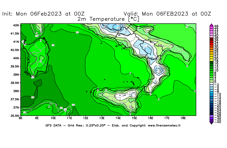 Mappa di analisi GFS - Temperatura a 2 metri dal suolo [°C] in Sud-Italia
							del 06/02/2023 00 <!--googleoff: index-->UTC<!--googleon: index-->