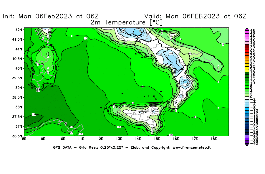 Mappa di analisi GFS - Temperatura a 2 metri dal suolo [°C] in Sud-Italia
							del 06/02/2023 06 <!--googleoff: index-->UTC<!--googleon: index-->