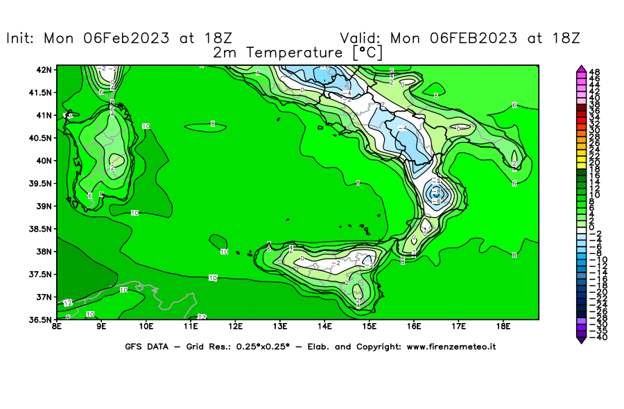 Mappa di analisi GFS - Temperatura a 2 metri dal suolo [°C] in Sud-Italia
							del 06/02/2023 18 <!--googleoff: index-->UTC<!--googleon: index-->