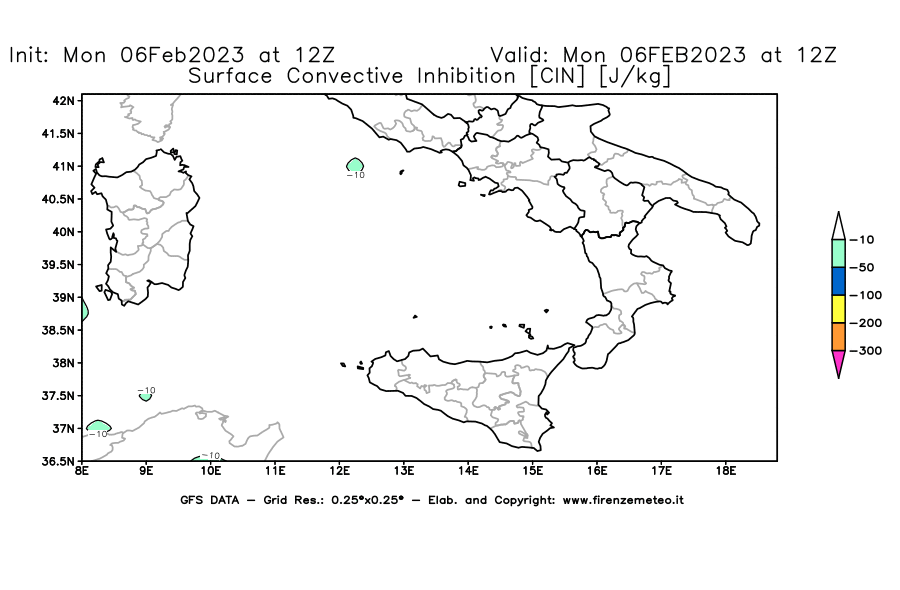 Mappa di analisi GFS - CIN [J/kg] in Sud-Italia
							del 06/02/2023 12 <!--googleoff: index-->UTC<!--googleon: index-->