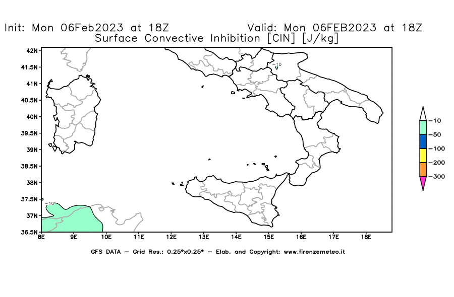 Mappa di analisi GFS - CIN [J/kg] in Sud-Italia
							del 06/02/2023 18 <!--googleoff: index-->UTC<!--googleon: index-->