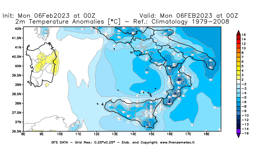 Mappa di analisi GFS - Anomalia Temperatura [°C] a 2 m in Sud-Italia
							del 06/02/2023 00 <!--googleoff: index-->UTC<!--googleon: index-->