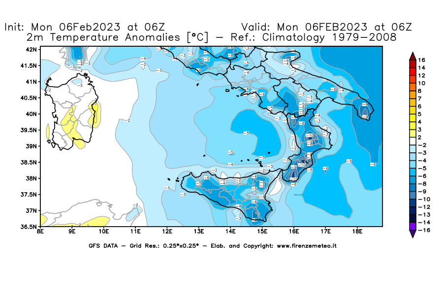Mappa di analisi GFS - Anomalia Temperatura [°C] a 2 m in Sud-Italia
							del 06/02/2023 06 <!--googleoff: index-->UTC<!--googleon: index-->