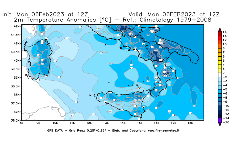 Mappa di analisi GFS - Anomalia Temperatura [°C] a 2 m in Sud-Italia
							del 06/02/2023 12 <!--googleoff: index-->UTC<!--googleon: index-->