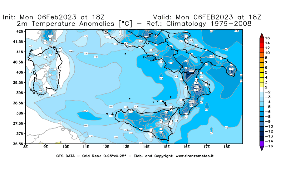 Mappa di analisi GFS - Anomalia Temperatura [°C] a 2 m in Sud-Italia
							del 06/02/2023 18 <!--googleoff: index-->UTC<!--googleon: index-->