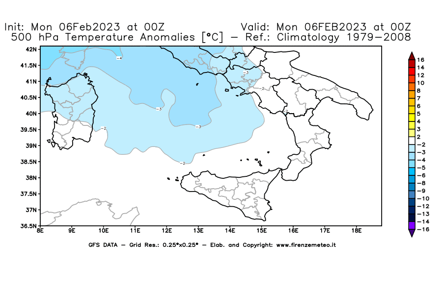 Mappa di analisi GFS - Anomalia Temperatura [°C] a 500 hPa in Sud-Italia
							del 06/02/2023 00 <!--googleoff: index-->UTC<!--googleon: index-->
