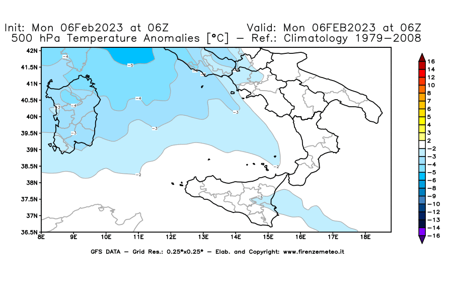Mappa di analisi GFS - Anomalia Temperatura [°C] a 500 hPa in Sud-Italia
							del 06/02/2023 06 <!--googleoff: index-->UTC<!--googleon: index-->