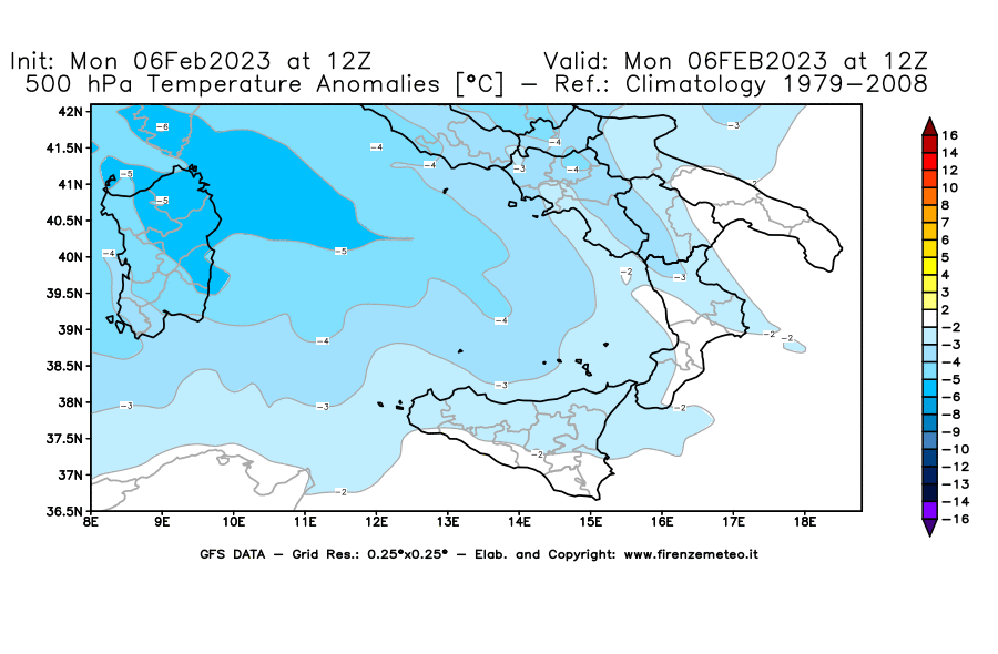 Mappa di analisi GFS - Anomalia Temperatura [°C] a 500 hPa in Sud-Italia
							del 06/02/2023 12 <!--googleoff: index-->UTC<!--googleon: index-->