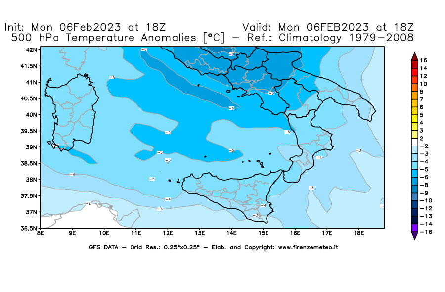 Mappa di analisi GFS - Anomalia Temperatura [°C] a 500 hPa in Sud-Italia
							del 06/02/2023 18 <!--googleoff: index-->UTC<!--googleon: index-->