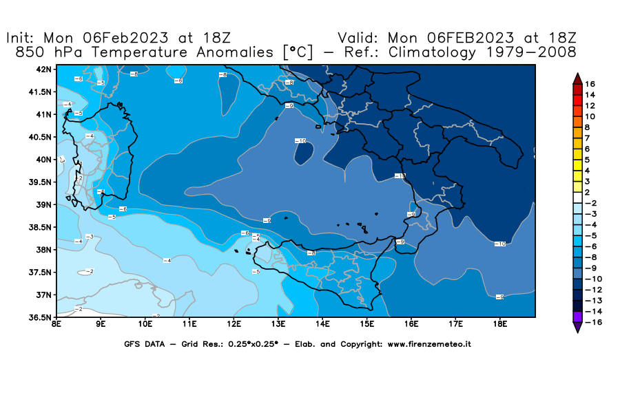 Mappa di analisi GFS - Anomalia Temperatura [°C] a 850 hPa in Sud-Italia
							del 06/02/2023 18 <!--googleoff: index-->UTC<!--googleon: index-->