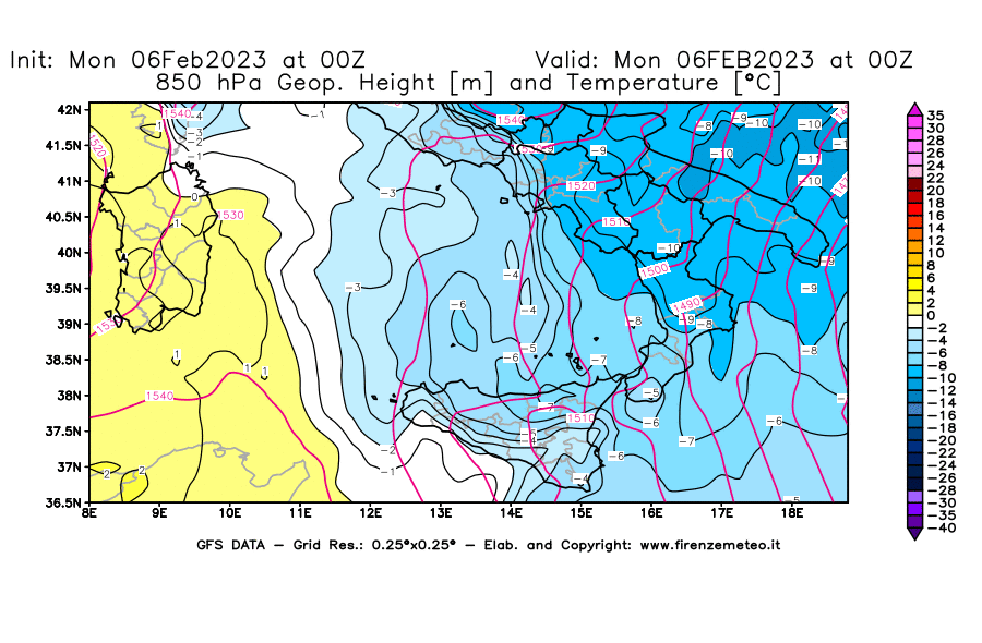 Mappa di analisi GFS - Geopotenziale [m] e Temperatura [°C] a 850 hPa in Sud-Italia
							del 06/02/2023 00 <!--googleoff: index-->UTC<!--googleon: index-->