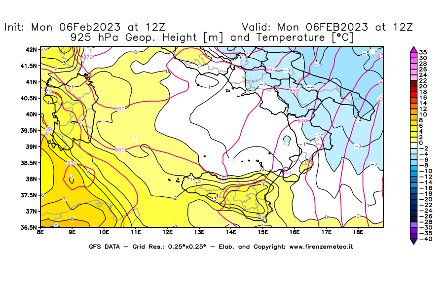 Mappa di analisi GFS - Geopotenziale [m] e Temperatura [°C] a 925 hPa in Sud-Italia
							del 06/02/2023 12 <!--googleoff: index-->UTC<!--googleon: index-->