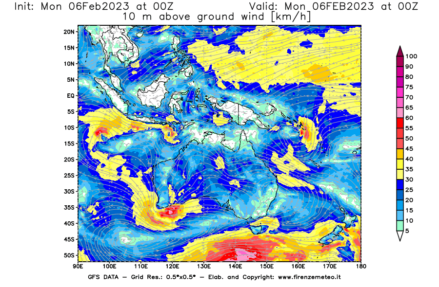 Mappa di analisi GFS - Velocità del vento a 10 metri dal suolo [km/h] in Oceania
							del 06/02/2023 00 <!--googleoff: index-->UTC<!--googleon: index-->