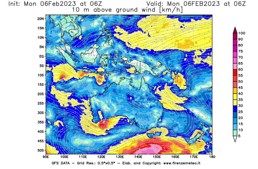 Mappa di analisi GFS - Velocità del vento a 10 metri dal suolo [km/h] in Oceania
							del 06/02/2023 06 <!--googleoff: index-->UTC<!--googleon: index-->