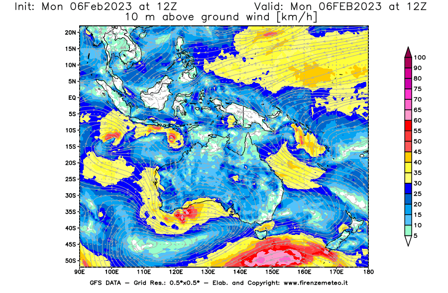 Mappa di analisi GFS - Velocità del vento a 10 metri dal suolo [km/h] in Oceania
							del 06/02/2023 12 <!--googleoff: index-->UTC<!--googleon: index-->
