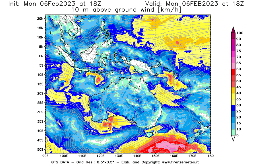 Mappa di analisi GFS - Velocità del vento a 10 metri dal suolo [km/h] in Oceania
							del 06/02/2023 18 <!--googleoff: index-->UTC<!--googleon: index-->