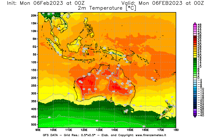 Mappa di analisi GFS - Temperatura a 2 metri dal suolo [°C] in Oceania
							del 06/02/2023 00 <!--googleoff: index-->UTC<!--googleon: index-->