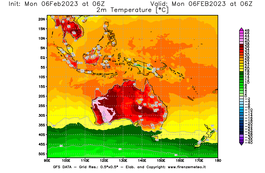 Mappa di analisi GFS - Temperatura a 2 metri dal suolo [°C] in Oceania
							del 06/02/2023 06 <!--googleoff: index-->UTC<!--googleon: index-->
