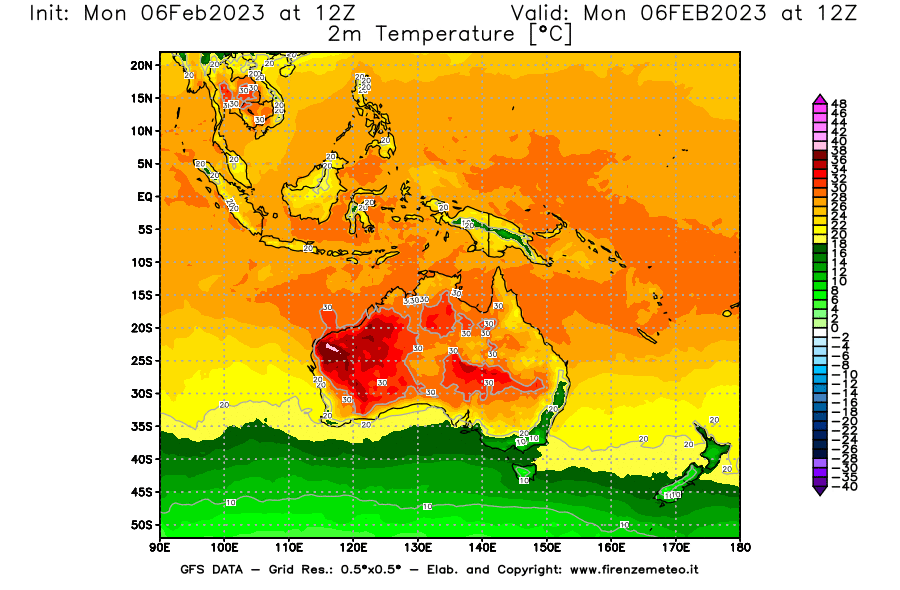 Mappa di analisi GFS - Temperatura a 2 metri dal suolo [°C] in Oceania
							del 06/02/2023 12 <!--googleoff: index-->UTC<!--googleon: index-->
