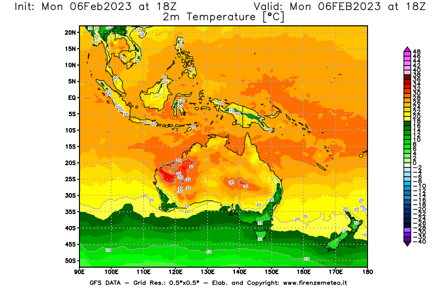 Mappa di analisi GFS - Temperatura a 2 metri dal suolo [°C] in Oceania
							del 06/02/2023 18 <!--googleoff: index-->UTC<!--googleon: index-->