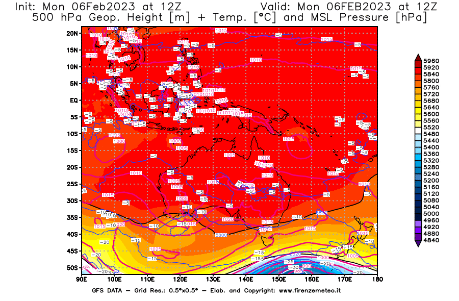 Mappa di analisi GFS - Geopotenziale [m] + Temp. [°C] a 500 hPa + Press. a livello del mare [hPa] in Oceania
							del 06/02/2023 12 <!--googleoff: index-->UTC<!--googleon: index-->