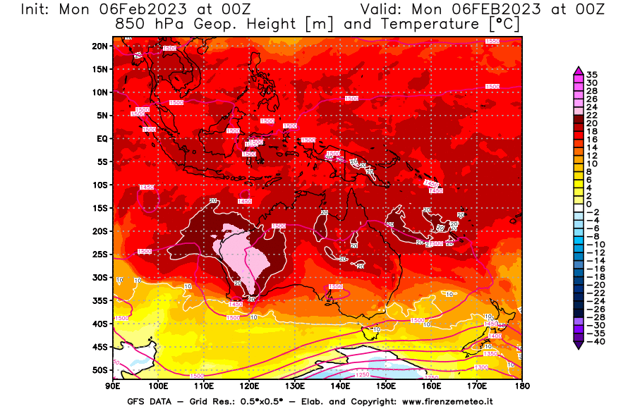 Mappa di analisi GFS - Geopotenziale [m] e Temperatura [°C] a 850 hPa in Oceania
							del 06/02/2023 00 <!--googleoff: index-->UTC<!--googleon: index-->
