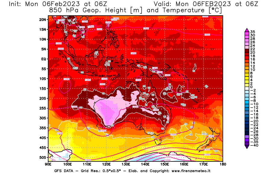 Mappa di analisi GFS - Geopotenziale [m] e Temperatura [°C] a 850 hPa in Oceania
							del 06/02/2023 06 <!--googleoff: index-->UTC<!--googleon: index-->