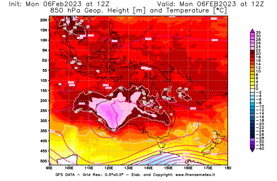Mappa di analisi GFS - Geopotenziale [m] e Temperatura [°C] a 850 hPa in Oceania
							del 06/02/2023 12 <!--googleoff: index-->UTC<!--googleon: index-->