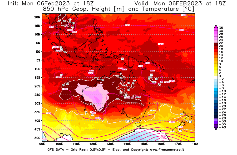 Mappa di analisi GFS - Geopotenziale [m] e Temperatura [°C] a 850 hPa in Oceania
							del 06/02/2023 18 <!--googleoff: index-->UTC<!--googleon: index-->