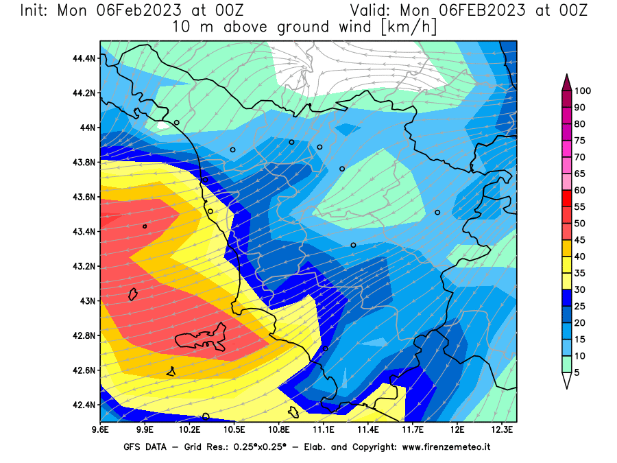 Mappa di analisi GFS - Velocità del vento a 10 metri dal suolo [km/h] in Toscana
							del 06/02/2023 00 <!--googleoff: index-->UTC<!--googleon: index-->