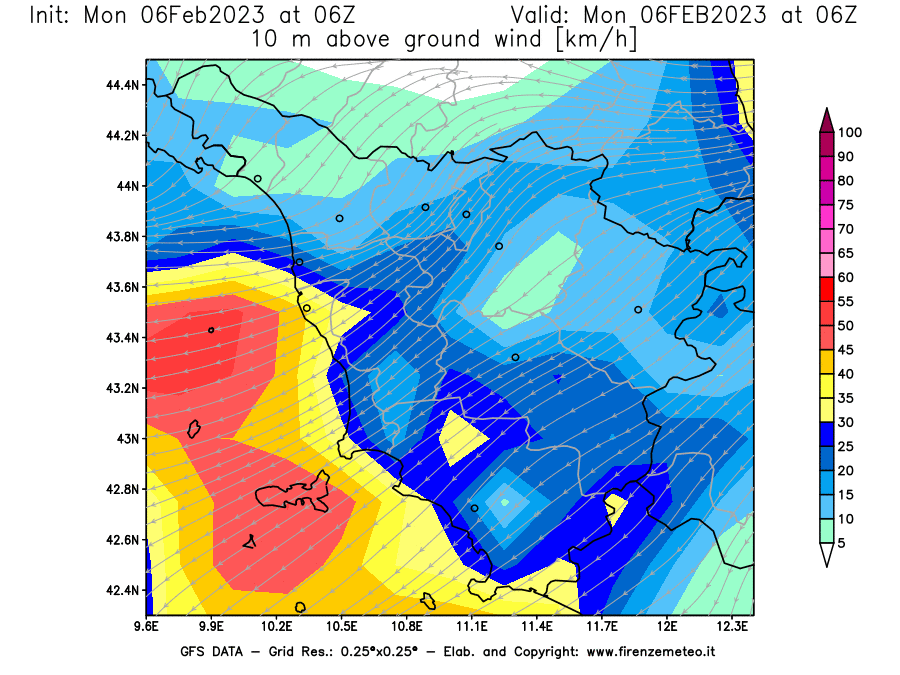 Mappa di analisi GFS - Velocità del vento a 10 metri dal suolo [km/h] in Toscana
							del 06/02/2023 06 <!--googleoff: index-->UTC<!--googleon: index-->