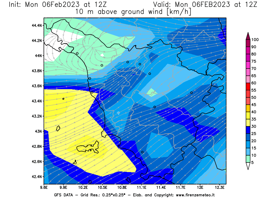 Mappa di analisi GFS - Velocità del vento a 10 metri dal suolo [km/h] in Toscana
							del 06/02/2023 12 <!--googleoff: index-->UTC<!--googleon: index-->