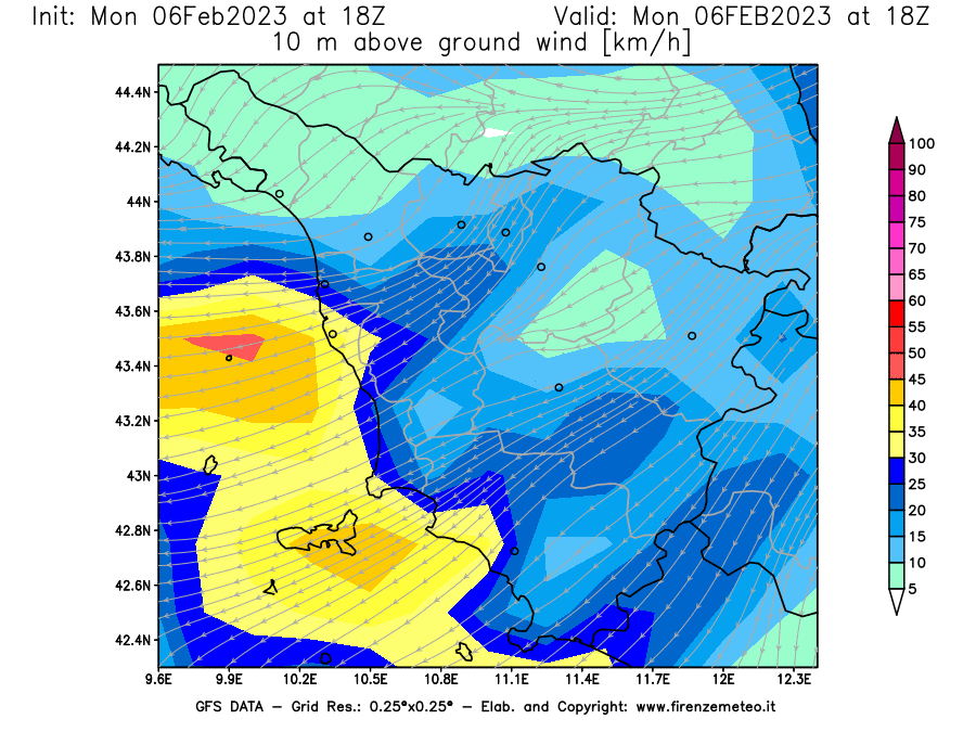 Mappa di analisi GFS - Velocità del vento a 10 metri dal suolo [km/h] in Toscana
							del 06/02/2023 18 <!--googleoff: index-->UTC<!--googleon: index-->