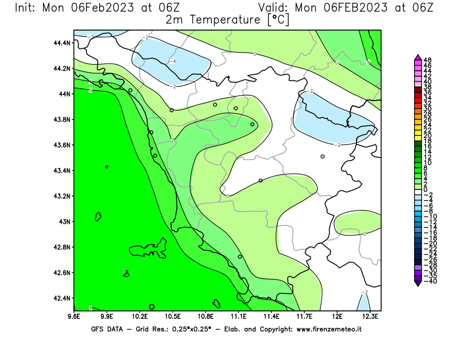 Mappa di analisi GFS - Temperatura a 2 metri dal suolo [°C] in Toscana
							del 06/02/2023 06 <!--googleoff: index-->UTC<!--googleon: index-->