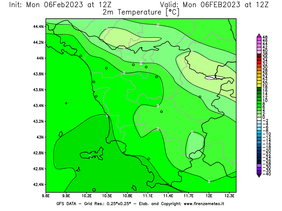 Mappa di analisi GFS - Temperatura a 2 metri dal suolo [°C] in Toscana
							del 06/02/2023 12 <!--googleoff: index-->UTC<!--googleon: index-->