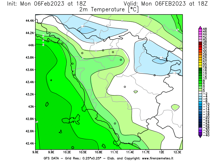 Mappa di analisi GFS - Temperatura a 2 metri dal suolo [°C] in Toscana
							del 06/02/2023 18 <!--googleoff: index-->UTC<!--googleon: index-->