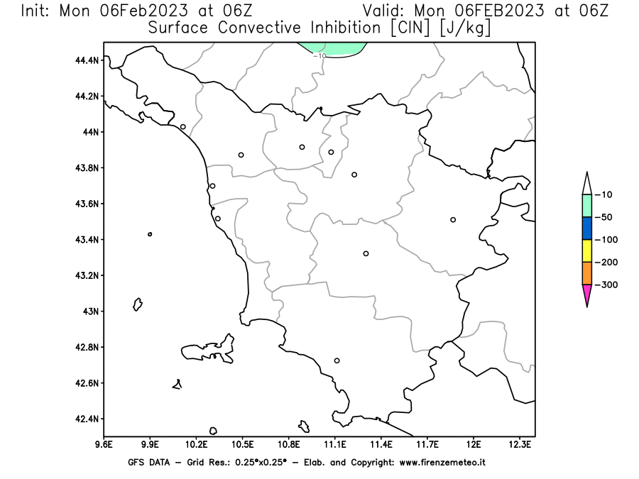 Mappa di analisi GFS - CIN [J/kg] in Toscana
							del 06/02/2023 06 <!--googleoff: index-->UTC<!--googleon: index-->
