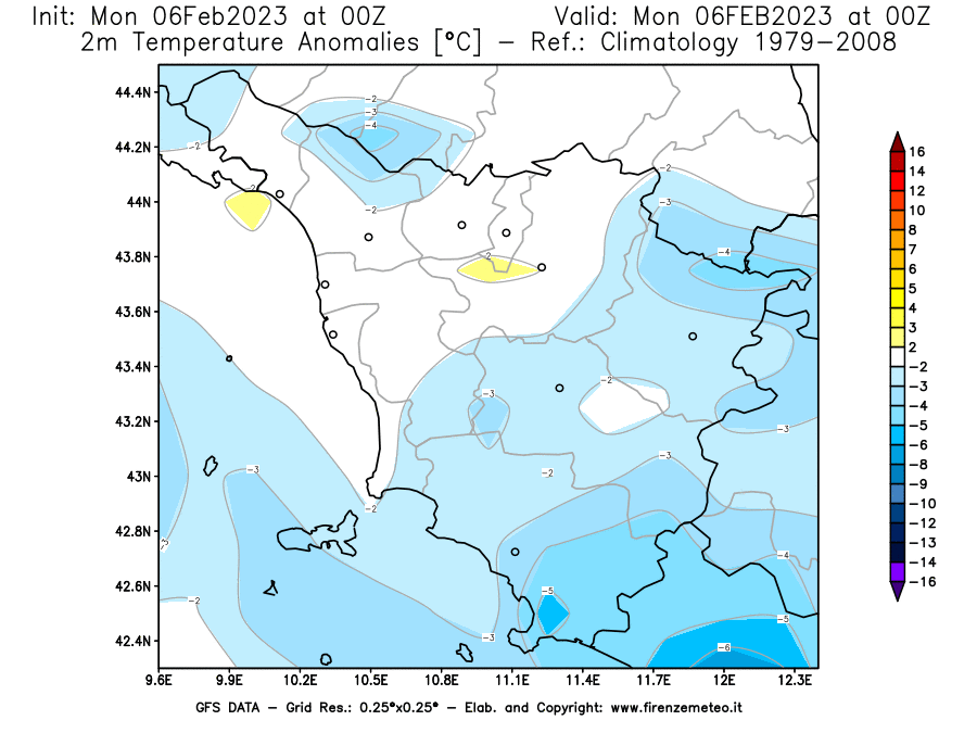 Mappa di analisi GFS - Anomalia Temperatura [°C] a 2 m in Toscana
							del 06/02/2023 00 <!--googleoff: index-->UTC<!--googleon: index-->
