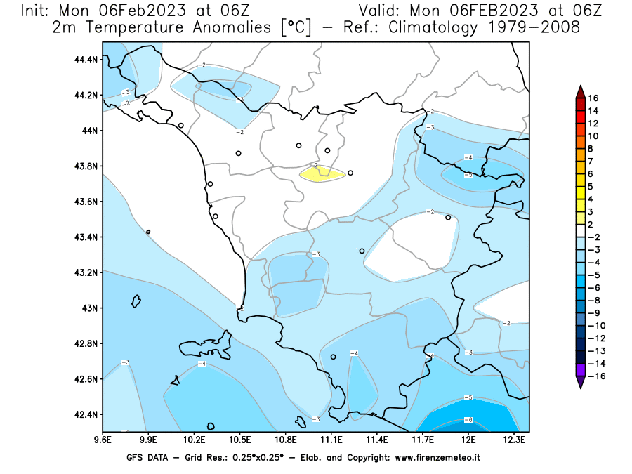 Mappa di analisi GFS - Anomalia Temperatura [°C] a 2 m in Toscana
							del 06/02/2023 06 <!--googleoff: index-->UTC<!--googleon: index-->