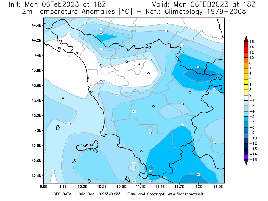 Mappa di analisi GFS - Anomalia Temperatura [°C] a 2 m in Toscana
							del 06/02/2023 18 <!--googleoff: index-->UTC<!--googleon: index-->