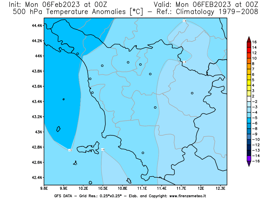 Mappa di analisi GFS - Anomalia Temperatura [°C] a 500 hPa in Toscana
							del 06/02/2023 00 <!--googleoff: index-->UTC<!--googleon: index-->
