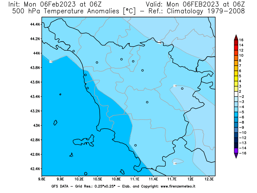 Mappa di analisi GFS - Anomalia Temperatura [°C] a 500 hPa in Toscana
							del 06/02/2023 06 <!--googleoff: index-->UTC<!--googleon: index-->