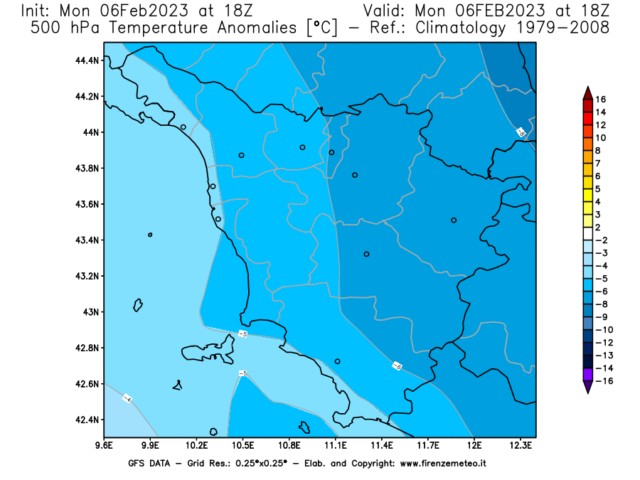 Mappa di analisi GFS - Anomalia Temperatura [°C] a 500 hPa in Toscana
							del 06/02/2023 18 <!--googleoff: index-->UTC<!--googleon: index-->