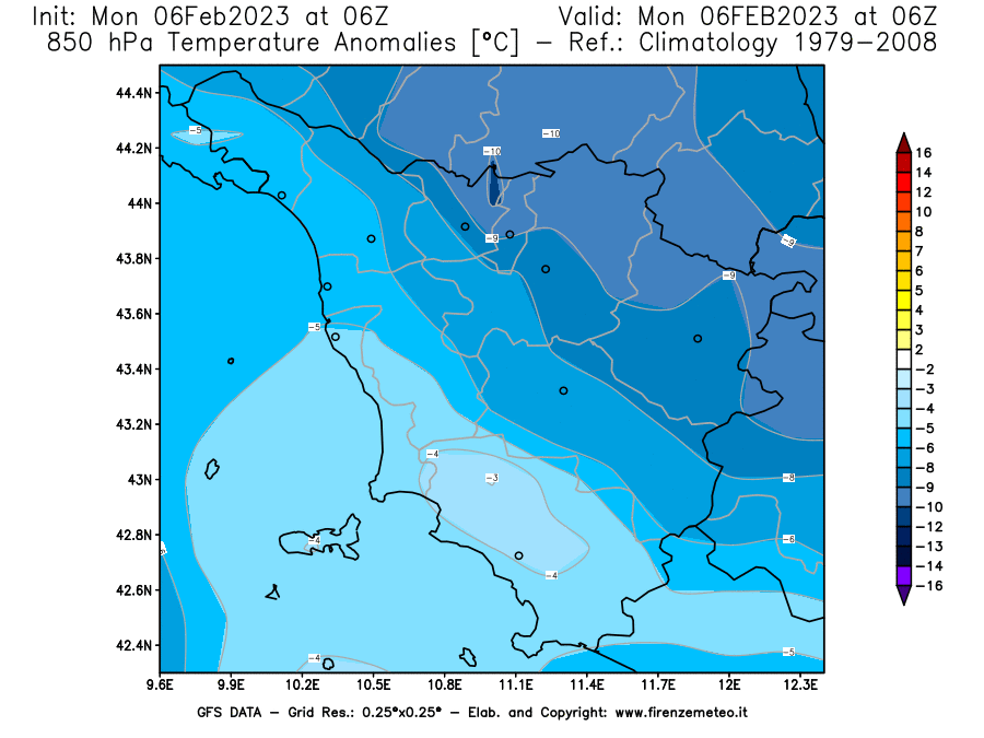Mappa di analisi GFS - Anomalia Temperatura [°C] a 850 hPa in Toscana
							del 06/02/2023 06 <!--googleoff: index-->UTC<!--googleon: index-->