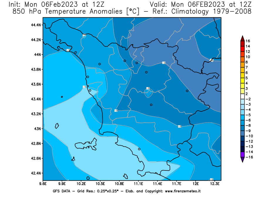 Mappa di analisi GFS - Anomalia Temperatura [°C] a 850 hPa in Toscana
							del 06/02/2023 12 <!--googleoff: index-->UTC<!--googleon: index-->