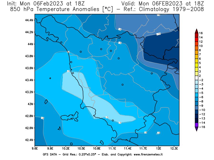 Mappa di analisi GFS - Anomalia Temperatura [°C] a 850 hPa in Toscana
							del 06/02/2023 18 <!--googleoff: index-->UTC<!--googleon: index-->