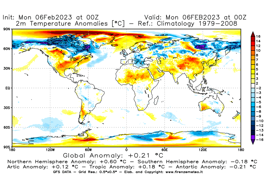 Mappa di analisi GFS - Anomalia Temperatura [°C] a 2 m in World
							del 06/02/2023 00 <!--googleoff: index-->UTC<!--googleon: index-->